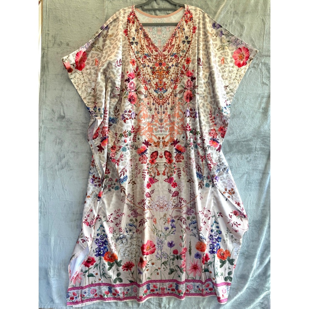 Floral Leopard Print Embellished Crystal Kaftan Maxi Dress Pink Orange One Size